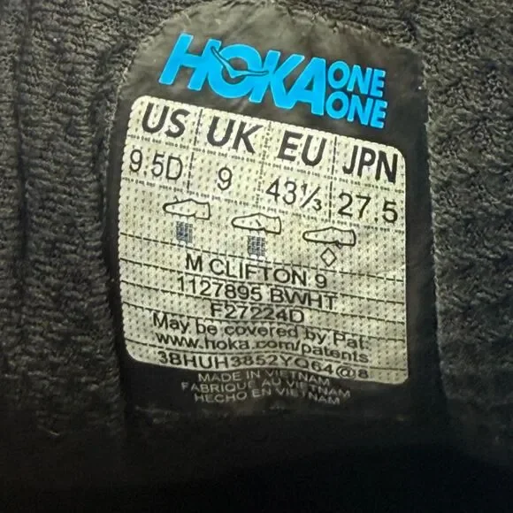 Hoka One One Clifton 9 Men's Size 9.5 D Black White Running Shoes Sneakers - Picture 8 of 8